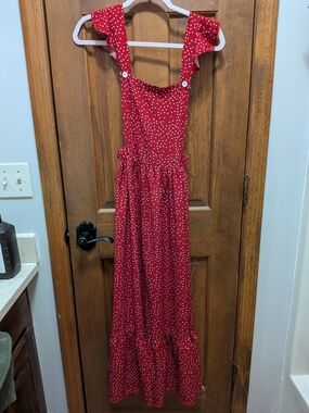Red Polka Dot Ruffle Strap Maxi Overall Dress